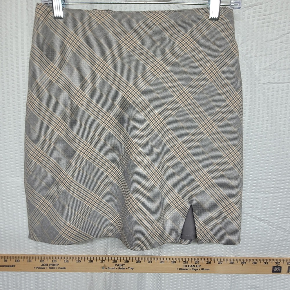 Abercrombie &‎ Fitch Plaid Mini Skirt Grey Tan Glen Check Front Slit Size S